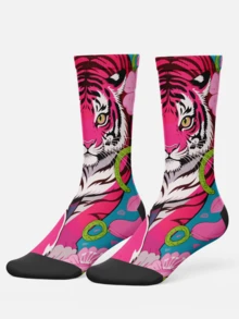 Cool 360° Printed Men's Socks - Street Style Socks, Handsome Alpaca, Sakura Pink Tiger, Floral, Colorful, Fun Socks, Suitable For Daily, Holiday And Party Occasions - Rose Red - View 3
