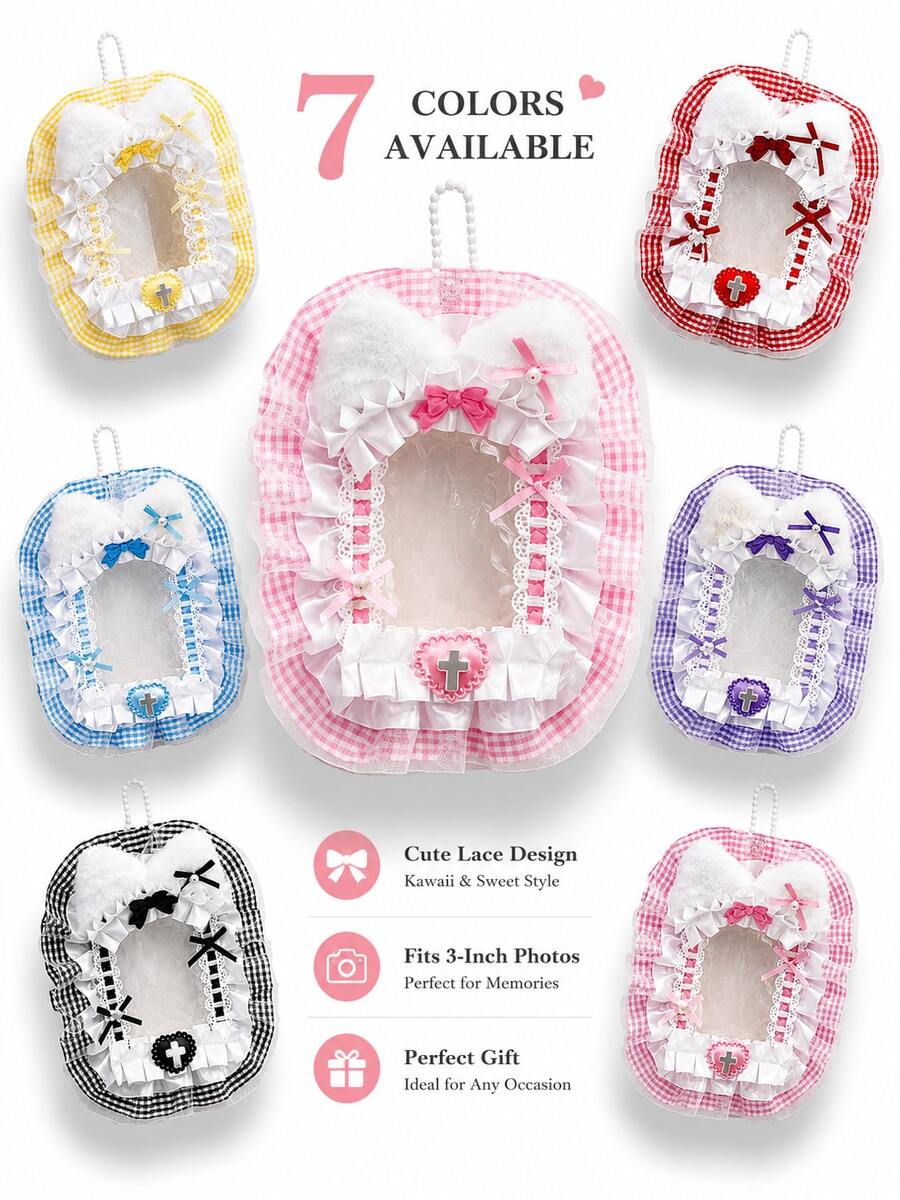 6pcs Cute Japanese Style Lace Photo Card Holders, 6 Colors Plaid Fabric Lanyard Badge Holders, 3 Inch Photo Card Sleeves, Anime ACG Collection Card Storage, Idol Photo Protective Covers, Keychain Bag Pendant, Student ID Card Holder, Gift For Girl Fans - One Size Fits All - View 1