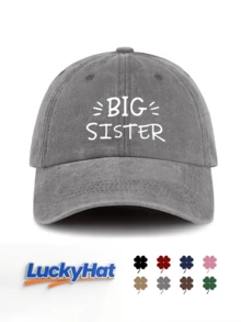 1件中性款水洗復古棒球帽「BIG SISTER」手繪標語印花可調節做舊復古Dad Hat，適合休閒家庭穿搭 - SISTER - 查看 12