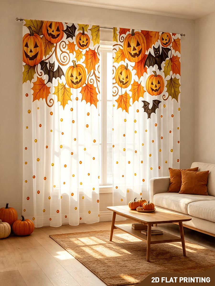 2 PIEZAS Cortinas transparentes con cara sonriente de calabaza, patrón de lunares, Acción de Gracias, Halloween, decoración de celebración festiva, decoración del hogar, pantalla de ventana sin cordón con bolsillo para barra, sala de estar, dormitorio, comedor, pasillo, decoración de ventana del hogar.