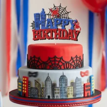 1pc Glitter Hero Theme Cake Topper, Superhero City Skyline Birthday Party Decoration, Shiny Spider Web Cake Insert, Suitable For Boys Birthday Party - Multicolor - View 3