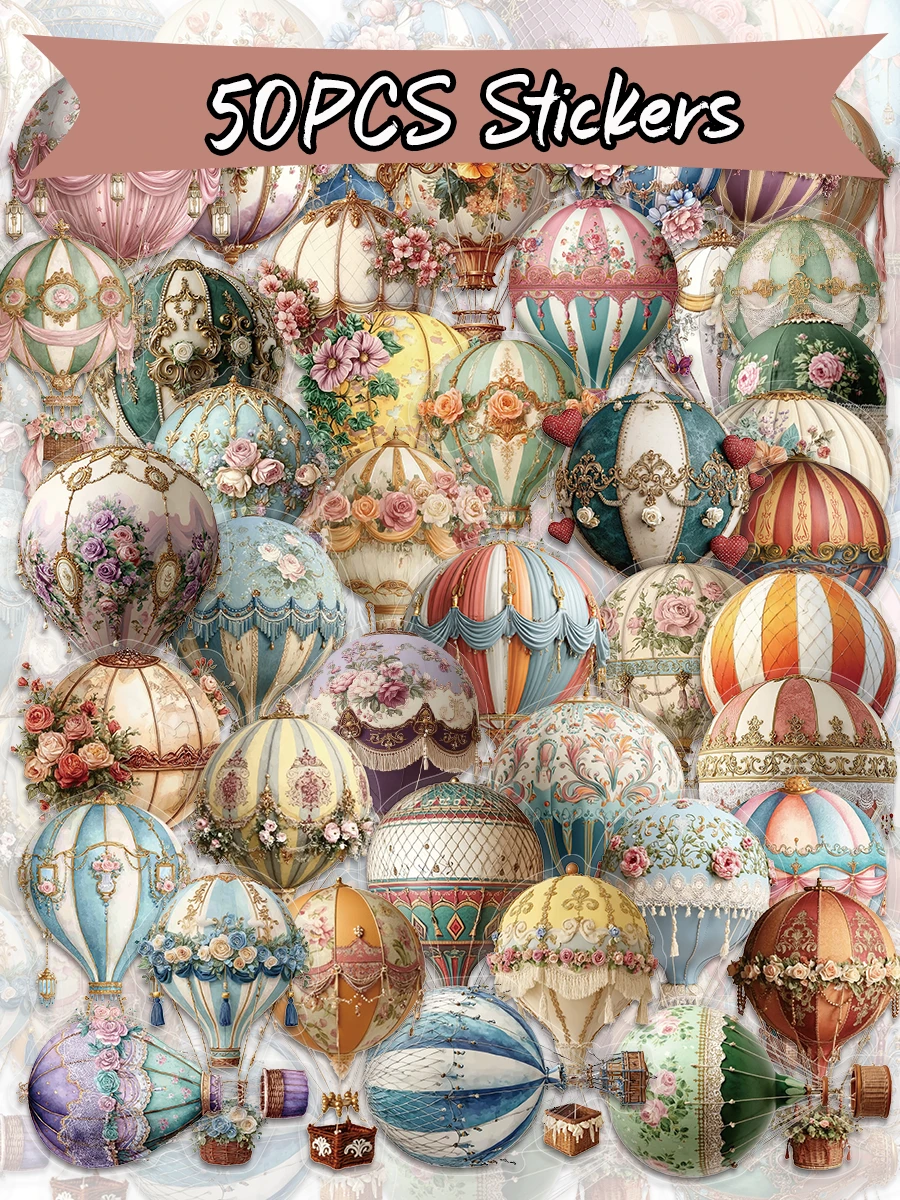 50pcs Vintage Hot Air Balloon Stickers, Transparent PET Waterproof Stickers, Suitable For Tablets, Computers, Laptops, Phone Cases, Guitars, Desktops, Water Bottles, Luggage, Snowboards School Supplies - 1 Set - View 1