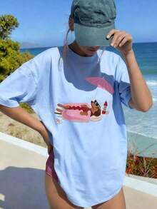 Women's Summer Beige Dachshund Print Tee, 100% Cotton Loose Crew Neck Short Sleeve T-Shirt For Casual Daily, Vacation & Spring Outfits - 藍色 - 查看 9