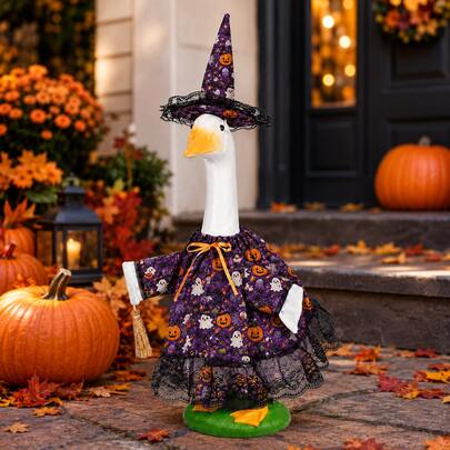Halloween Porch Goose Statue Set, Fits 23 Inch Goose Statue, Witch Hat Dress With Broom, Pumpkin Ghost Farmhouse Yard Entrance Outdoor Decor (Goose Statue Not Included)