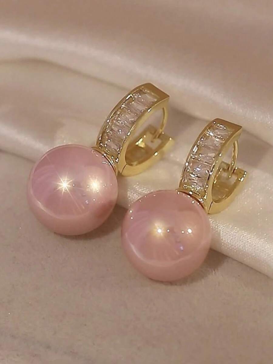 1 Pair Fashion Pink Beaded Rhinestone Decorated Earrings, Suitable For Girls To Wear At Parties Or As Gifts For Friends