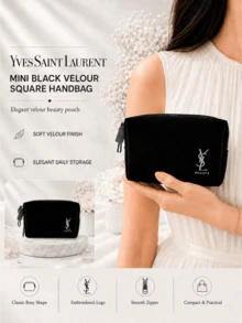 YSL Saint Laurent Mini Black Velvet Makeup Bag 12*10cm, Glitter Velvet Fabric With Embroidery, Smooth Metal Zipper, Compact And Portable, Ideal For Makeup Storage And Gifting - Black - View 3