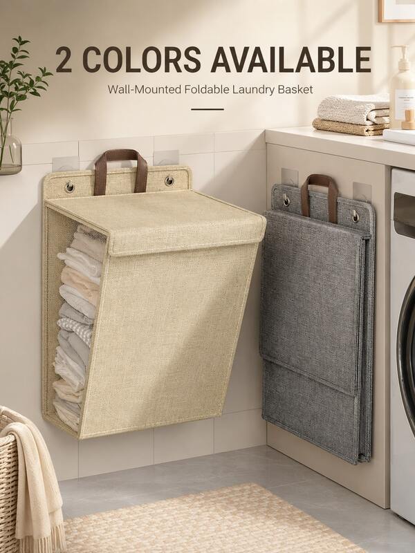 Esta cesta de ropa de tela plegable y montada en la pared está diseñada para el baño, ahorra espacio y es perfecta para usar en dormitorios, salas de estar y baños, proporcionando una solución flexible para almacenar ropa o juguetes.
