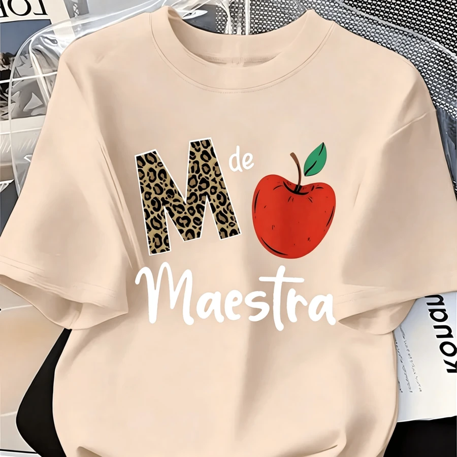 "Teacher" T-Shirt With Apple And Leopard Print For Teachers, Casual Wear - 杏色 - 查看 1
