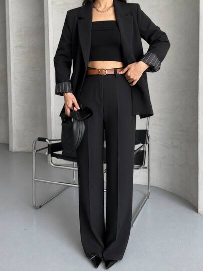 Women Gold Belt Detailed Blazer And Pant Two Pieces Blazer Set