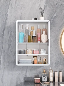 1pc No-Drill Wall Mounted Makeup Organizer With Removable Shelves, Multi-Function Cosmetic Storage Box, Transparent Bathroom Accessories, Unfinished Surface, Space-Saving Display Box; Can Also Be Used As A Mystery Box, Collectible Or Medication Storage Bathroom - White - View 4