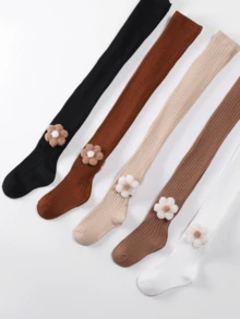5 Pairs Girls' 3D Floral Ribbed Knit Tights, Soft Skin-Friendly Solid Color Leggings, High Elasticity Breathable Children's Footed Tights, Spring/Autumn Versatile Princess Dress All-Match Underwear - Multicolor - View 4