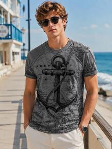Men's Casual Anchor Print Short Sleeve Crew Neck T-Shirt, Summer - Black - View 3