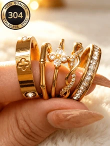 Znice 304 Stainless Steel + Copper 18K Gold Plated Stackable Ring Set, Women's Style, Rhinestone Lucky Four-Leaf Clover, Full Rhinestone And Enamel, Luxury Sparkling Personalized Rings, Hypoallergenic Minimalist Jewelry, Perfect Mother's Day Gift, Summer Vacation Accessory - Gold - View 11