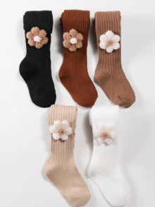 5 Pairs Girls' 3D Floral Ribbed Knit Tights, Soft Skin-Friendly Solid Color Leggings, High Elasticity Breathable Children's Footed Tights, Spring/Autumn Versatile Princess Dress All-Match Underwear - Multicolor - View 7
