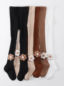 5 Pairs Girls' 3D Floral Ribbed Knit Tights, Soft Skin-Friendly Solid Color Leggings, High Elasticity Breathable Children's Footed Tights, Spring/Autumn Versatile Princess Dress All-Match Underwear - Multicolor - View 16
