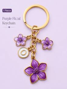 1pc Purple Floral Metal Keychain With Oil Drip Effect, Cute 5-Petal Flower Bag Charm, Student Back To School Gift, Car Accessory Pendant, Key Chain For Teachers, Moms, Friends Birthday Gift, Floral Jewelry, Back To School Gift, Halloween Gift - Purple - View 2