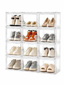 12 Pack Clear Plastic Stackable Shoe Storage Boxes, Large Shoe Organizer For Closet & Entryway, Space Saving Foldable Sneaker Containers With Transparent Display, Fit US Size 12+ Shoes, Sturdy Shoe Rack Alternative - White - View 1
