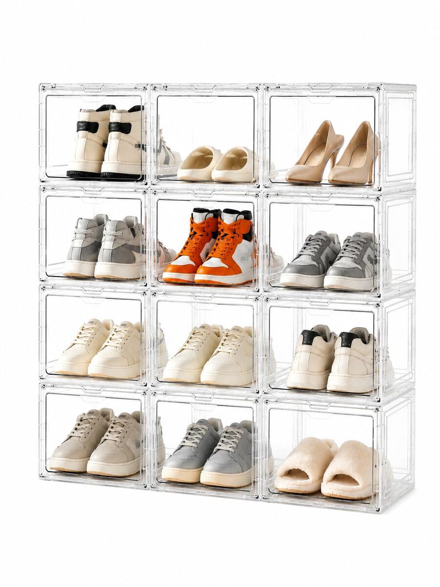 12 Pack Clear Plastic Stackable Shoe Storage Boxes, Large Shoe Organizer For Closet & Entryway, Space Saving Foldable Sneaker Containers With Transparent Display, Fit US Size 12+ Shoes, Sturdy Shoe Rack Alternative - White - View 1
