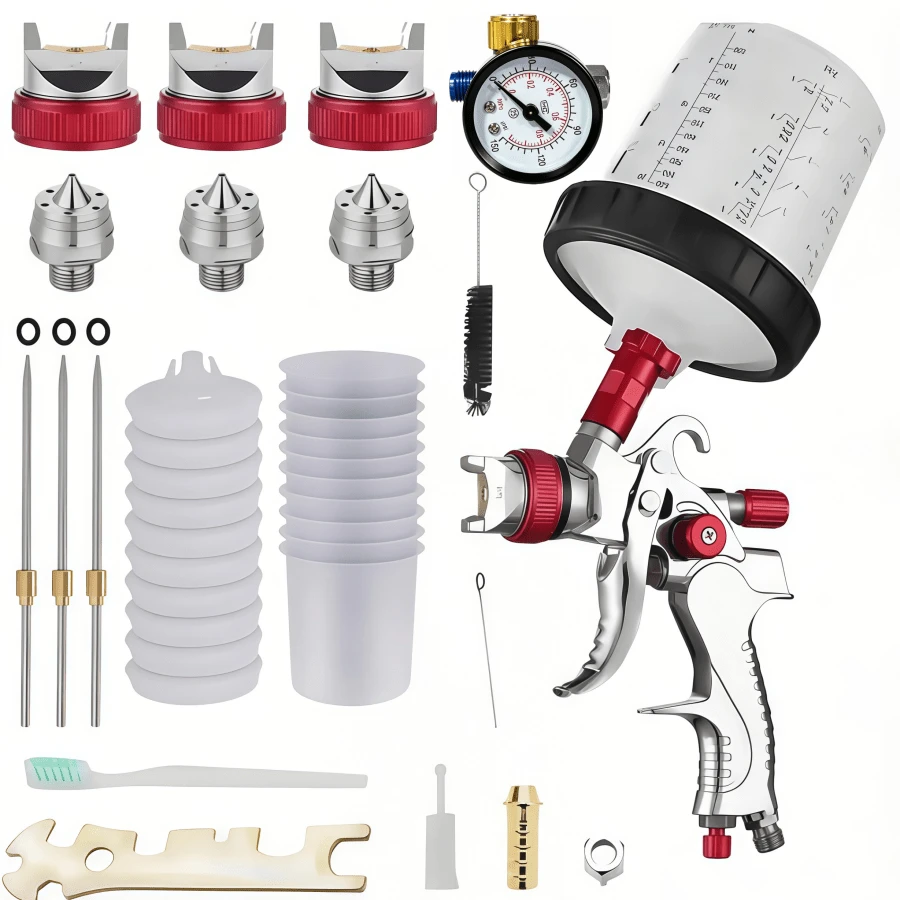 HVLP Spray Gun With 1.4/1.7/2.0mm Nozzle And Professional Pressure Regulator, 10pcs Disposable Paint Cups, 600cc Cup, Spray Painting Tool Set For Car Base Paint/Wall Paint/Furniture Surface Spray Tool, 2008 High Atomization Pneumatic Tool