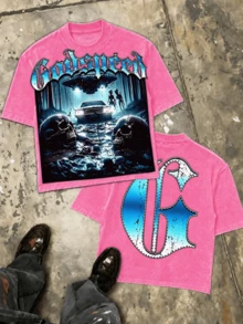UFO Alien Graphic Tee, Oversized Men Cotton Crew Neck Double-Sided Summer Fathers Day Street Top - 粉紅色1 - 查看 16