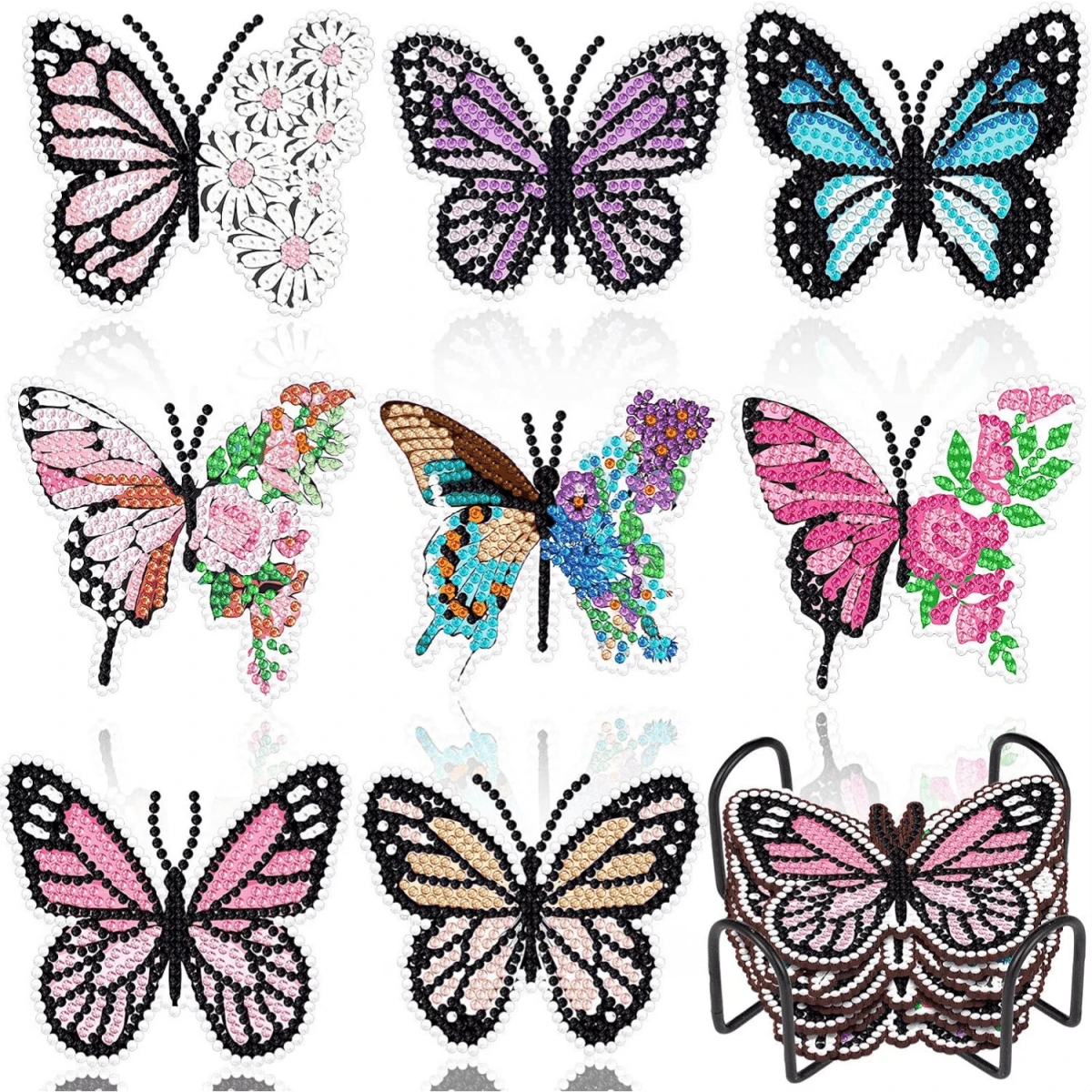 Juego de 8 posavasos con forma de mariposa para pintura de diamantes DIY, superficie de diamantes lisa y de alto brillo, adhesión firme con kit de herramientas completo, fácil para principiantes, alivio del estrés hecho a mano, regalo para Año Nuevo, Festival de Primavera, Día de San Valentín, Navidad, Día del Maestro, posavasos decorativos aislantes de calor para mesa de comedor y mesa de café, regalo para familia, amigos, mejores amigos y maestros