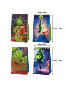 The Grinch 24Pcs/Set Storage Bags, -Themed Christmas Party Supplies Set(12 Gift Bags + 12 Stickers), Gift Wrapping Accessories, Party Gift Bags, Reusable Paper Storage Bags, Suitable For Birthday Gifts And Holiday Halloween Gifts. - Multicolor - View 2