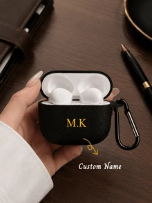 Customized Letter Name (2pcs, Includes Hook) Faux Leather Lychee Texture Earphone Case Suitable For Air Case Pods Pro 2/3 Protective Case, For Air Case Pods 4th Generation Protective Case, Suitable For Wireless Earphones, Protective Shell Case, Soft Shell 2nd Generation Split Simple Protective Case, Customized Letter Name, Christmas Gift, Back To School Season, Valentine's Day Gift, Good Birthday Gift, Holiday Gift - Black - View 1