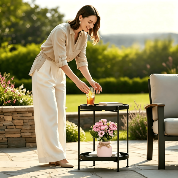 Double-Layer Round Tray Side Table, Available In Black And Gray, Sturdy Metal Frame Space-Saving, Double-Tier Storage For Larger Capacity, Suitable For Placing Aromatherapy, Books, Green Plants And Ornaments Beside Sofas Or Bedroom Beds