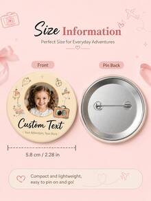 1pc Personalized Photo & Text Round Pin Badge, Custom Travel Adventure Button With Camera, Map, Compass And Airplane Design, Metal Pin Back For Backpa - Multicolor - View 5