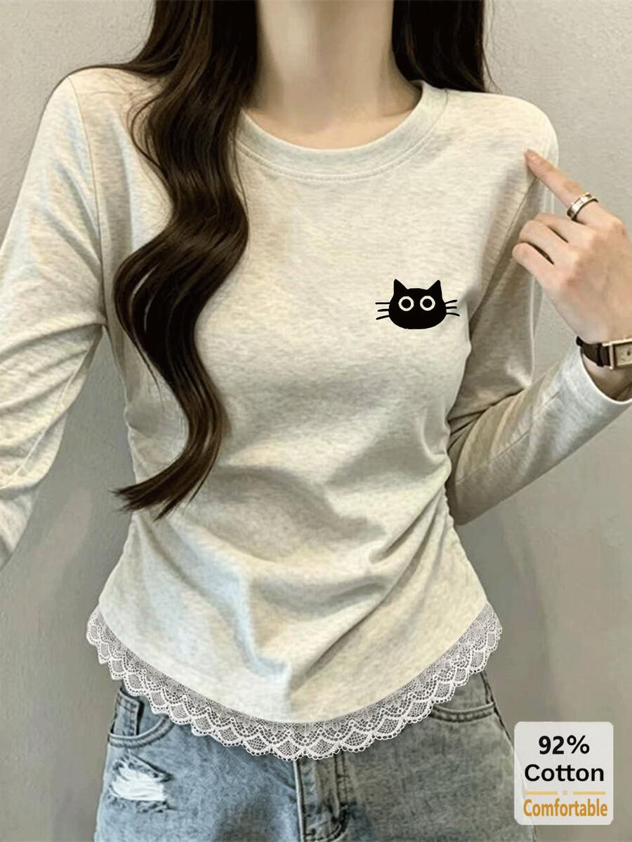 Kaos Lengan Panjang Patchwork Renda Musim Gugur/Dingin Wanita, Atasan Motif Kucing Abu-abu, Kemeja Dalaman Serbaguna Warna Polos yang Melangsingkan - Abu-abu - View 1