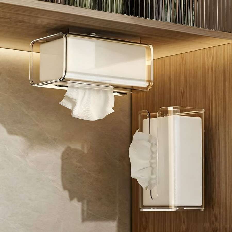 1/2pcs Fully Transparent Hanging Tissue Box Holder, No-Drill Wall-Mounted Paper Towel Rack For Cabinet Bottom, Kitchen Hand Towel Storage Box, Under-Cabinet Organizer For Large Tissue Packs, Space-Saving Countertop Storage For Kitchen And Bathroom, Minimalist Transparent Ins-Style Kitchen Storage Item, Open-Bottom Design For Easy Tissue Access Without Lid, Flat Back Adhesive For Wood And Tile Surfaces, Clear Box Body For Easy Viewing Of Remaining Tissues, Suitable For Home Kitchen And Bathroom Organization, Great As A Housewarming Gift - Multicolor - View 1