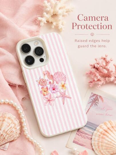 1件相容 iPhone 17 Pro Max/17 Pro/17/16 Pro MAX/16 Pro/16/15 Pro MAX/15 Pro/15/14 Pro MAX/14 Pro/14/13 Pro MAX/13 Pro/13/12 Pro MAX/12 Pro/11 Pro MAX/11 機型，奶油白皮革紋軟 TPU 手機殼，粉嫩粉白垂直細條紋背景水彩粉色海馬、海龜、扇貝、海星、雞蛋花熱帶花卉海洋花束印花，配對凸起奶油色相機框防震
