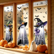 1/3pcs Halloween Ghost Window Clings, Creativity Ghost Wear Witch Hat With Bat Double-Sided Printing Static Stickers, Non-Adhesive Removable Gothic Decor For Home Party Glass Door Decoration - Multicolor - View 9