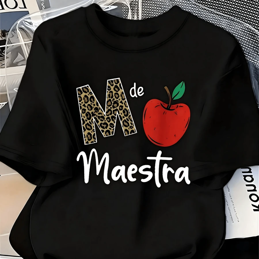 "Teacher" T-Shirt With Apple And Leopard Print For Teachers, Casual Wear - Black - View 1