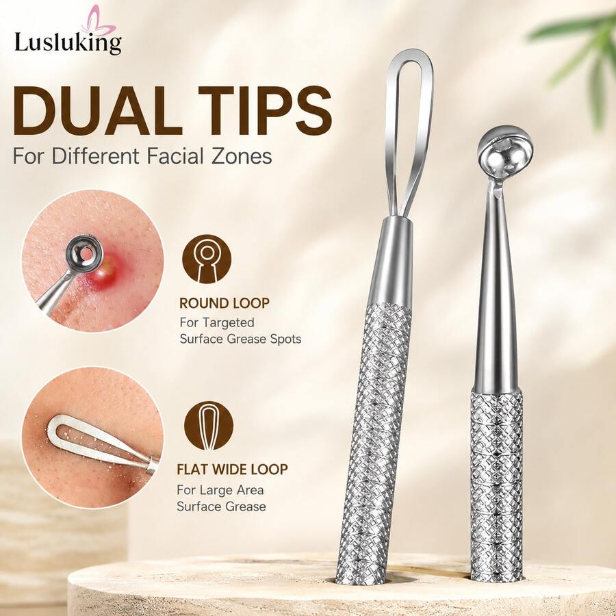 Alat Penghapus Komedo Dua Ujung, Ekstraktor Komedo Stainless Steel dengan Lingkaran Bulat & Lingkaran Pipih, Ekstraktor Jerawat Profesional untuk Wajah, Hidung & Dagu - MultiWarna - View 1