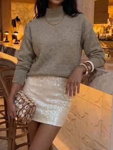 MORI Fall Winter Women Knit Tops Y2K Chic Brown Mock Neck Shoulder Button Loose Sweaters Business Casual Office Workwear Going Out Outfits - Light Khaki - View 6