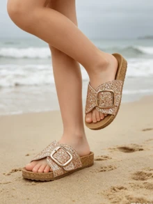 1 Pair Fashionable New Girls' Champagne Gold Glitter Single Strap Soft Sole Sandals, Adjustable Metal Buckle Slides, Summer Non-Slip Soft Sole Princess Slippers, Suitable For 3-16 Years Old Medium To Large Children Birthday Party, Beach Vacation, Beach Play, Versatile Outdoor Wear Sweet Style Casual Beach Shoes - Gold - View 8