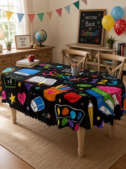 1 pieza Mantel de estilo pizarra negra con estampado de útiles de aprendizaje, patrón de libros y pinceles de papelería coloridos con borde ondulado, adecuado para regreso a la escuela, decoración de aula, decoración de mesa de fiesta