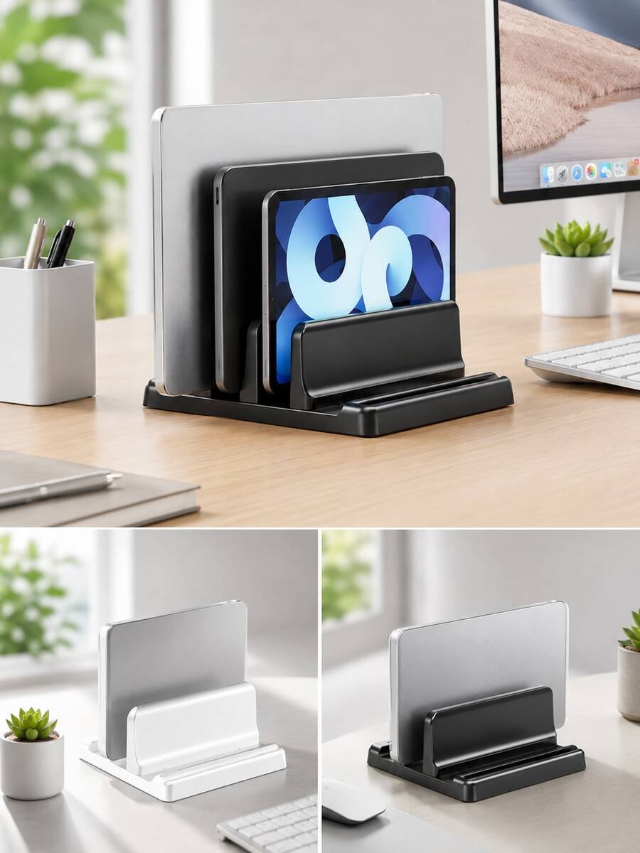 Vertical Laptop Stand, Adjustable Desktop Laptop Base And Storage Rack, Space-Saving Multi-Device Storage, Suitable For Laptops, Tablets, Phones, Compatible With Air Pro Surface Hp Chromebook And Gaming Laptops Up To 17.3 Inches, Black