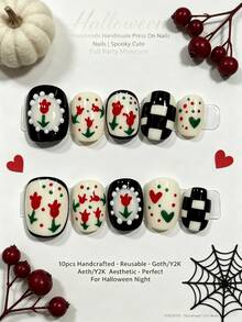 nailrosy Autumn 10pcs Round Short Red Shape 3D Embossed Handmade Press On Nails Wedding Essential Birthday Gift White Nude Pink Clear Daily Use - Multicolor - View 10
