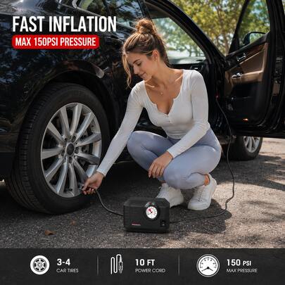 Carsun Palm-Sized Portable 12V Car Air Compressor With Copper Motor, High Power 150PSI, Bicycle Tire Inflator With LED Light For Night Use
