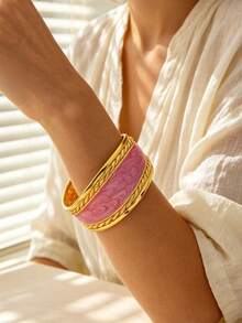 VceTd 2PCS Minimalist Exaggerated Style Asymmetrical Geometric Line Design Stainless Steel Women's Bracelets Suitable For Daily Wear Or Vacation Or Gift - Yellow Gold - View 3