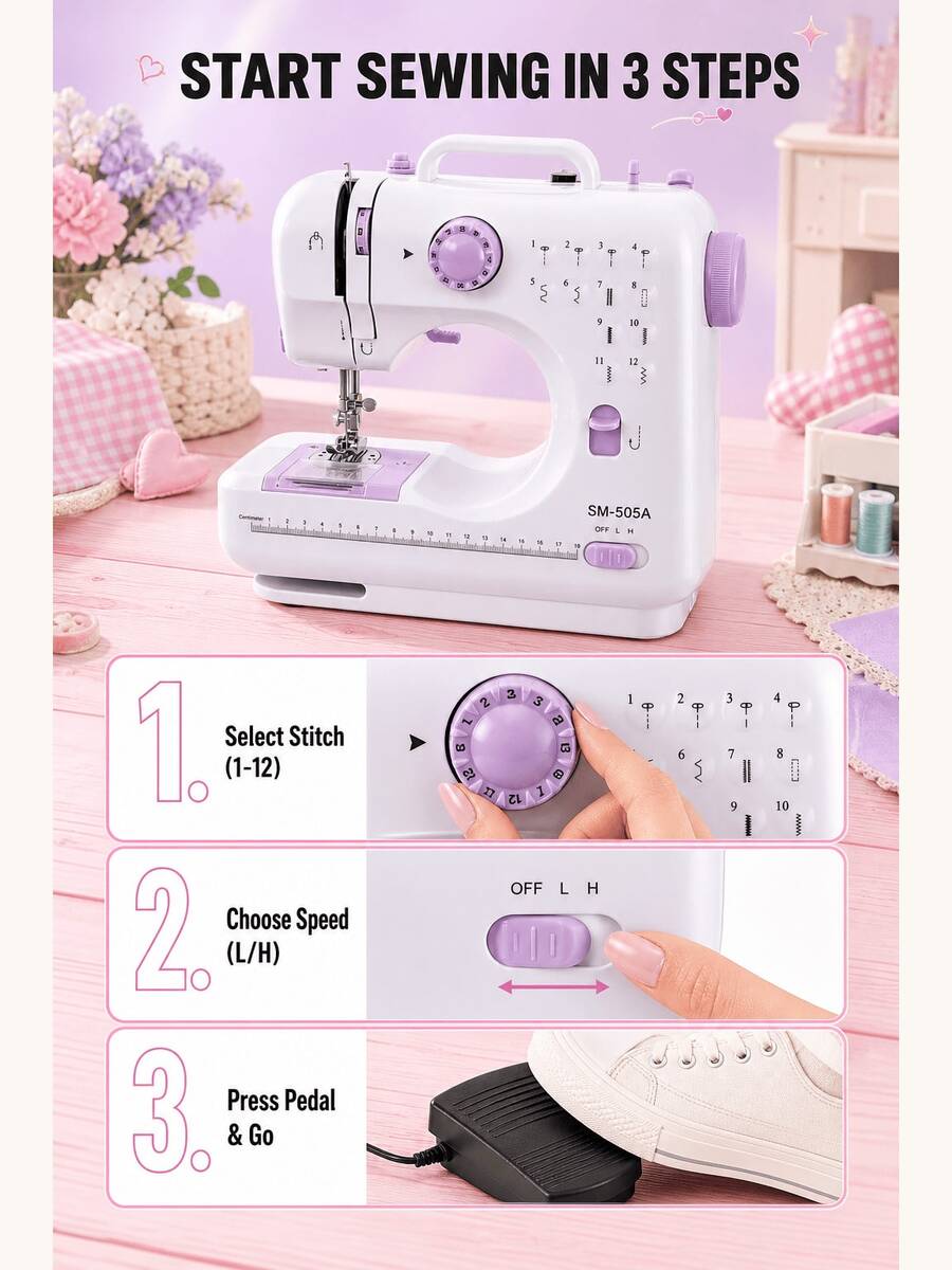 SOKANY Mini Máquina de Coser Eléctrica Portátil, 12 Puntadas, Velocidad Ajustable, Luz LED Integrada, Modos Dual Eléctrico y Manual, Incluye Pedal de Pie y Juego de Bobinas, Adecuada para Reparación de Ropa, Manualidades DIY y Principiantes