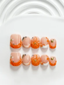 10片鮮豔手工穿戴式美甲，Polygel美甲套組，花卉、手工雕花、條紋花朵，橘色指甲油，復古風，含美甲工具，3種尺寸可選，方形、短方形、杏仁形，適合派對、舞蹈、日常穿戴 - 彩色 - 查看 18