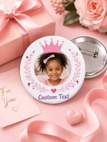 1pc Personalized Photo Button Badge, Custom Text Princess Crown Round Pin With Metal Back, Cute Keepsake For Girls, Birthday Party, School Bag, Clothi - Multicolor - View 3