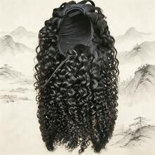 BINF Ekstensi Rambut Ekor Kuda Keriting Kinky 8-24 Inci dengan Tali Serut untuk Wanita, Ekstensi Rambut Ekor Kuda Jepit Keriting Dalam, Rambut Manusia Asli, Mudah Dipakai - Natural Black - View 2