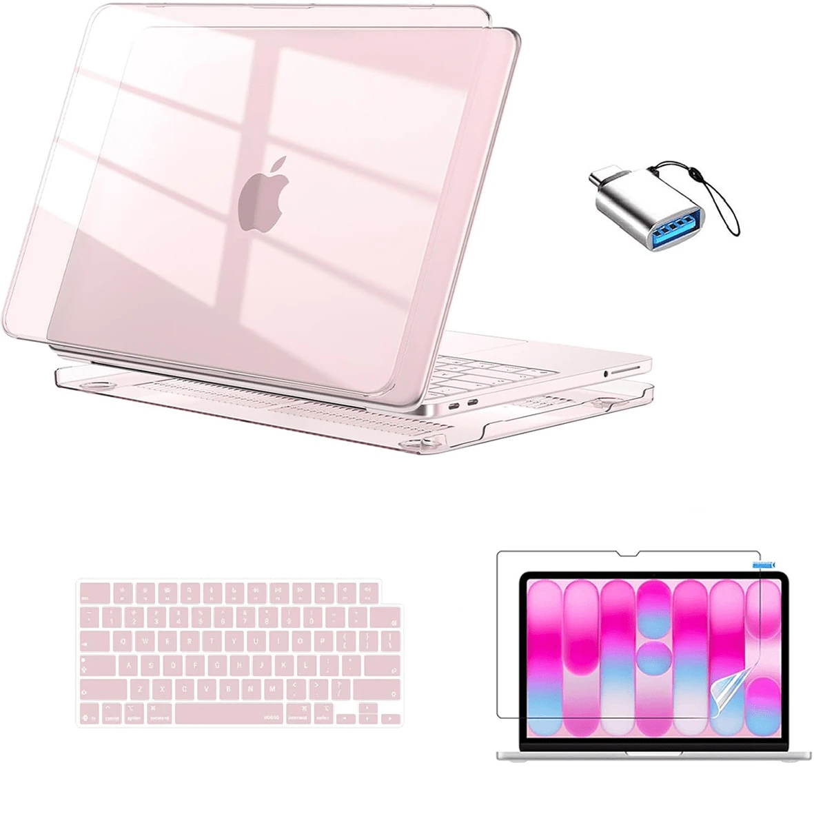 NEO 4-In-1 Clear Pink Hard Shell Case Set, With Keyboard Cover HD Screen Protector USB-C Adapter, Anti-Scratch Heat Dissipation Laptop Accessories