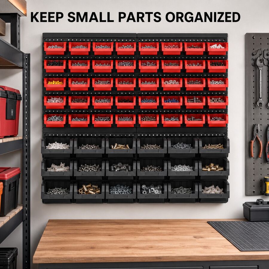 60-Bin Wall Mounted Storage Bins Parts Rack Organizer Garage Shop Tool Organizer For Screws, Nuts, Bolts, Nails, Beads, And Small Hardware Parts, With Wall Panel Black And Red - Multicolor - View 1