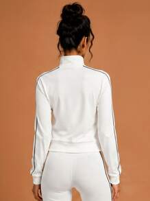 Never me Women's Autumn/Winter Long Sleeve Sports Jacket, Stand Collar, Fitted, Contrast Trim, Zipper Top, Elastic And Comfortable - White - View 5