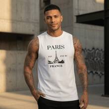 Regata Masculina Estampada Paris 259 BC 100% Algodão Premium Camiseta, Blusa ,Verão, Confortavel, Camiseta Cavada, Casual, Leve, Sem manga,Streetwear, Academia e Treino - Branco - Visão 1